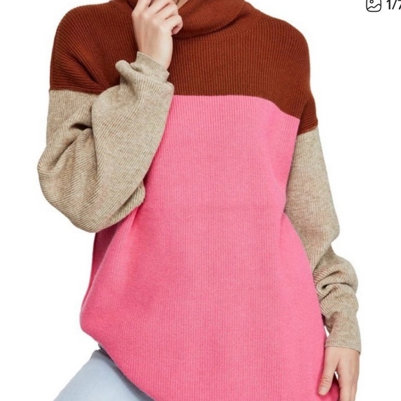 Free People Colorblock Soft Turtleneck Sweater Candypop- size XS EUC - Picture 2 of 8